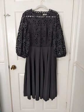 Black Midi Dress with Crochet Lace Bodice and Pleated Skirt